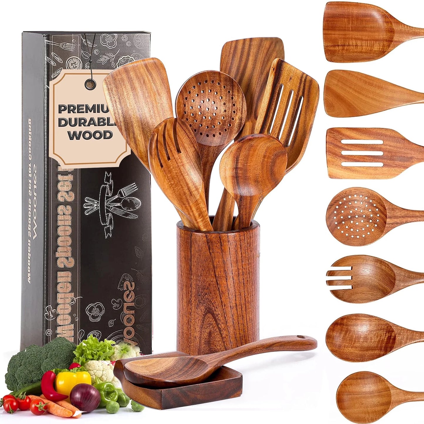 9-Piece Natural Teak Wooden Cooking Utensil Set with Holder & Spoon Rest, Safe for Nonstick Pans & Cookware