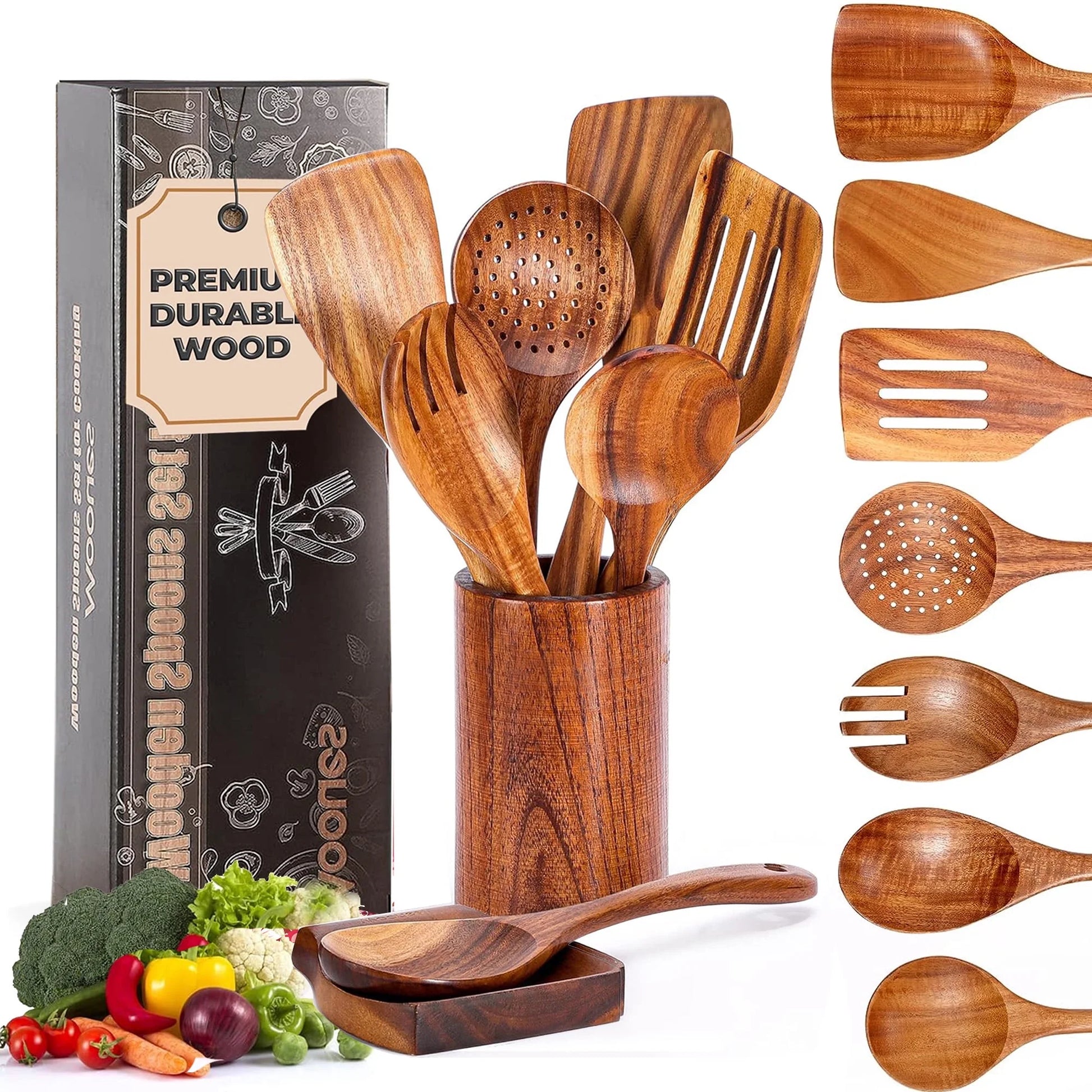 9-Piece Natural Teak Wooden Cooking Utensil Set with Holder & Spoon Rest, Safe for Nonstick Pans & Cookware