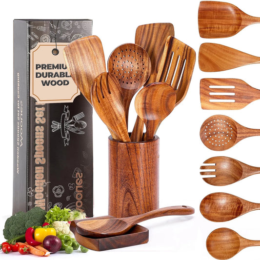 9-Piece Natural Teak Wooden Cooking Utensil Set with Holder & Spoon Rest, Safe for Nonstick Pans & Cookware