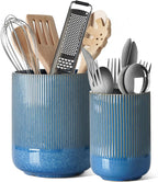 Set of 2 Ceramic Kitchen Utensil Holders, Large Modern Countertop Crocks for Spatulas & Cooking Tools, White (7.3" & 5.4")