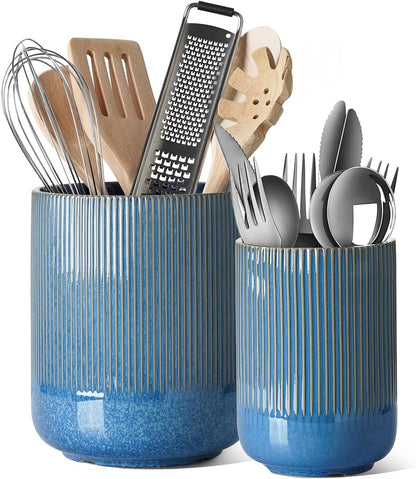 Set of 2 Ceramic Kitchen Utensil Holders, Large Modern Countertop Crocks for Spatulas & Cooking Tools, White (7.3" & 5.4")