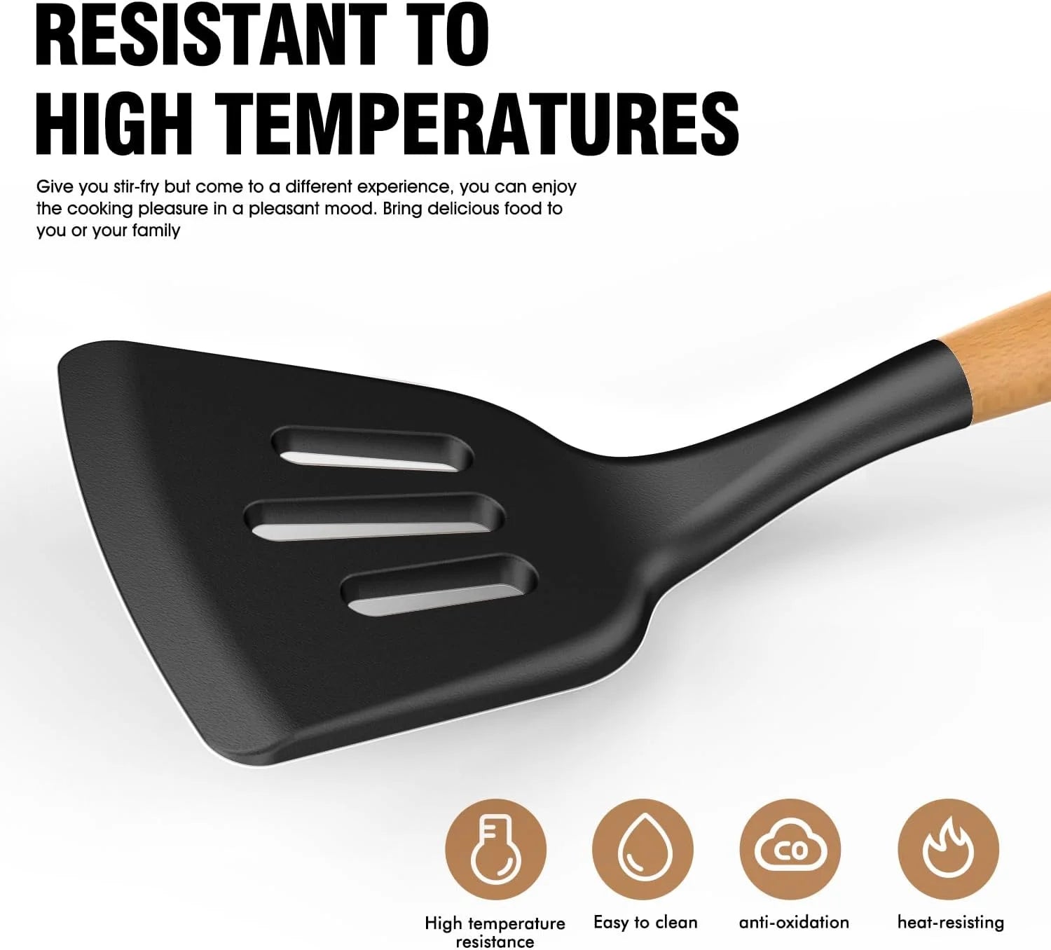 Silicone Cooking Utensil Set with Wooden Handles, Heat Resistant up to 446°F, BPA-Free Kitchen Tools with Holder for Non-Stick Cookware (Black)