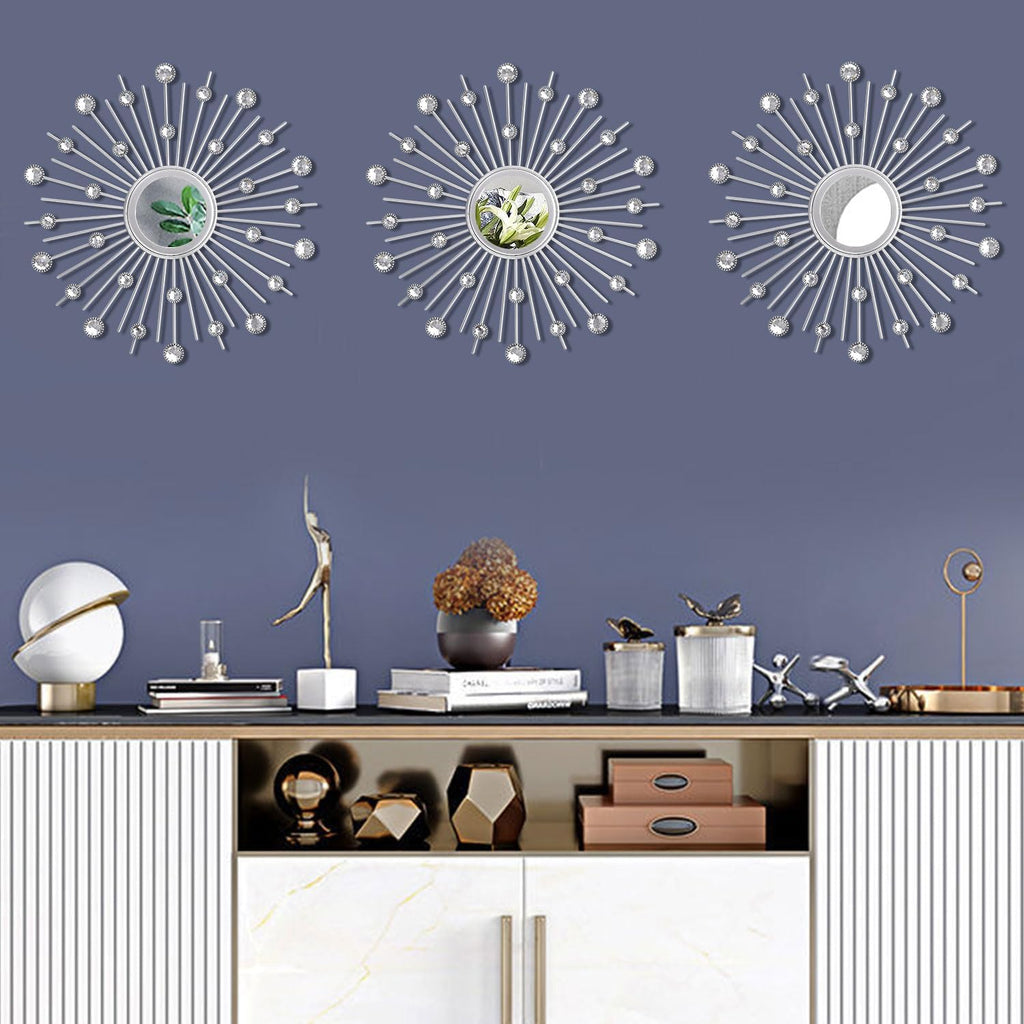 3-Pack Crystal Sunburst Wall Mirrors with Rhinestones, Silver Decorative Home Wall Art for Living Room, Bedroom & Entryway
