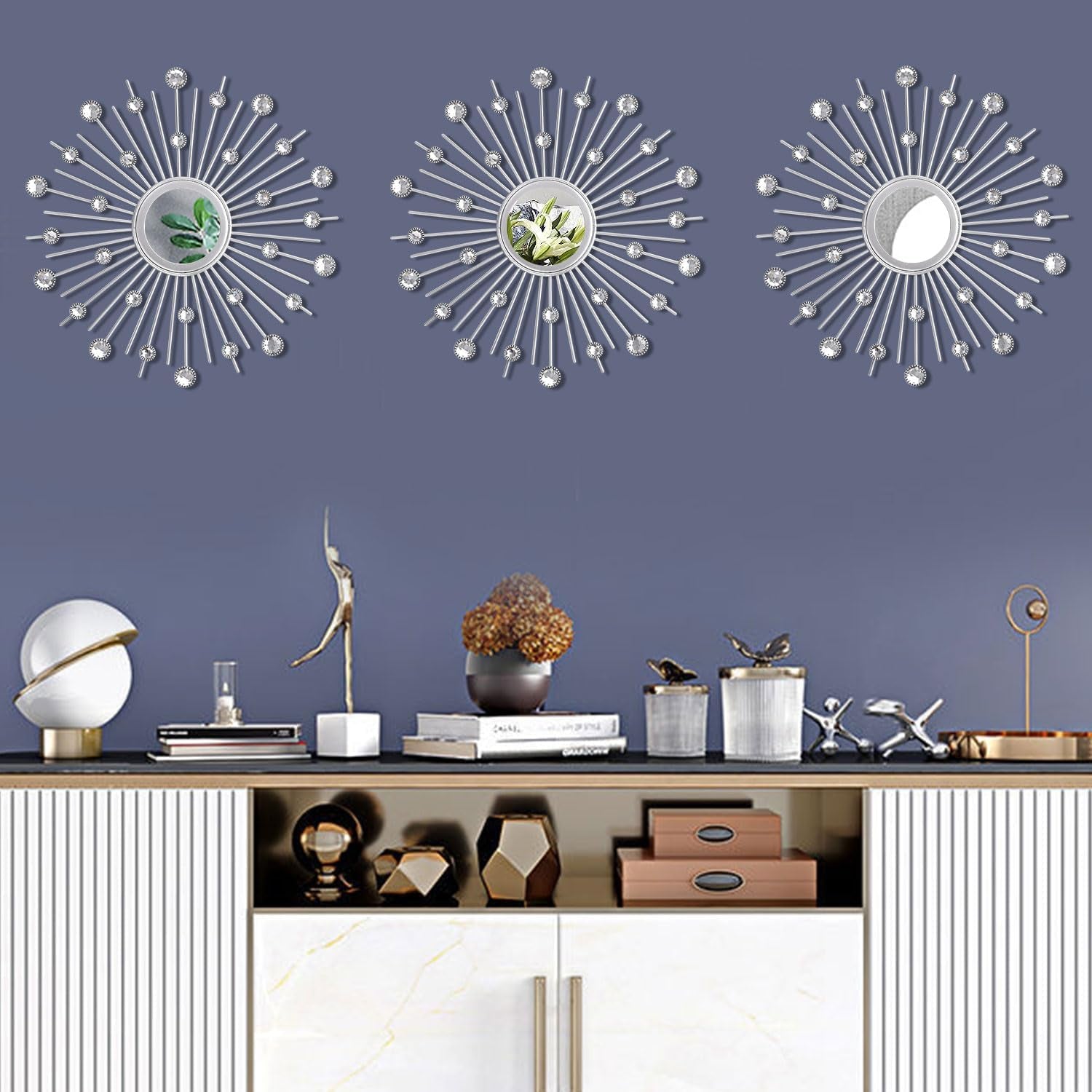 3-Pack Crystal Sunburst Wall Mirrors with Rhinestones, Silver Decorative Home Wall Art for Living Room, Bedroom & Entryway