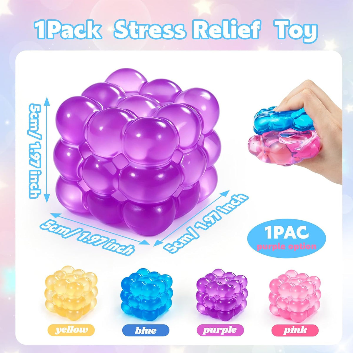 Purple 3D squishy cube sensory stress relief toy for squeezing