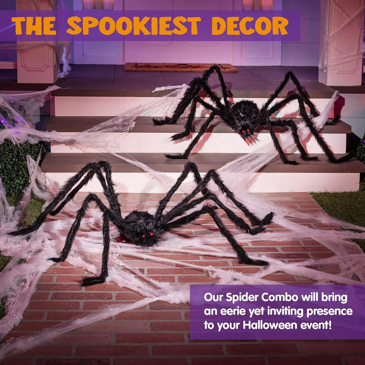 Two giant black hairy spiders for Halloween outdoor decoration