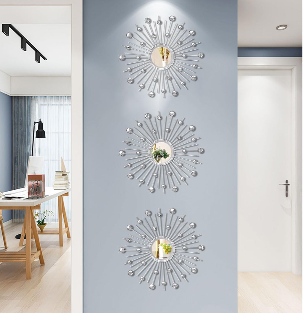 3-Pack Crystal Sunburst Wall Mirrors with Rhinestones, Silver Decorative Home Wall Art for Living Room, Bedroom & Entryway