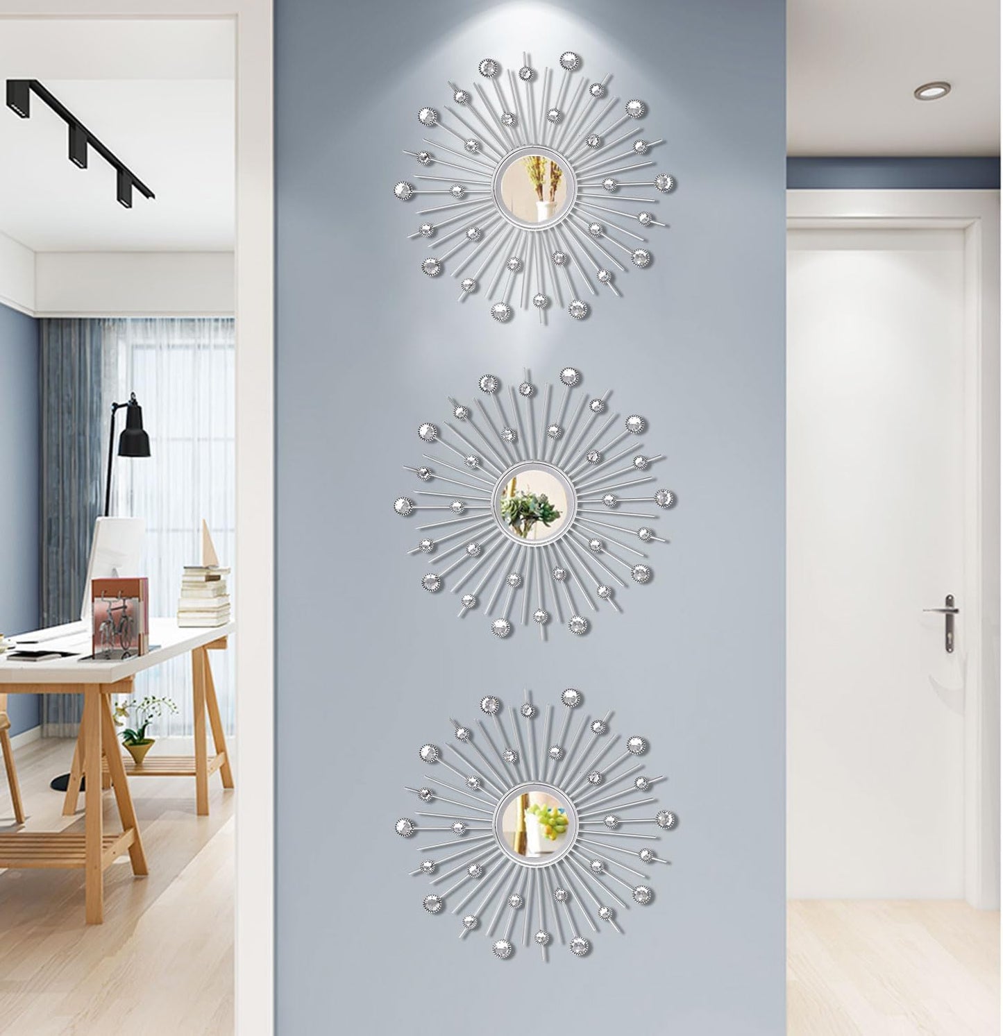 3-Pack Crystal Sunburst Wall Mirrors with Rhinestones, Silver Decorative Home Wall Art for Living Room, Bedroom & Entryway
