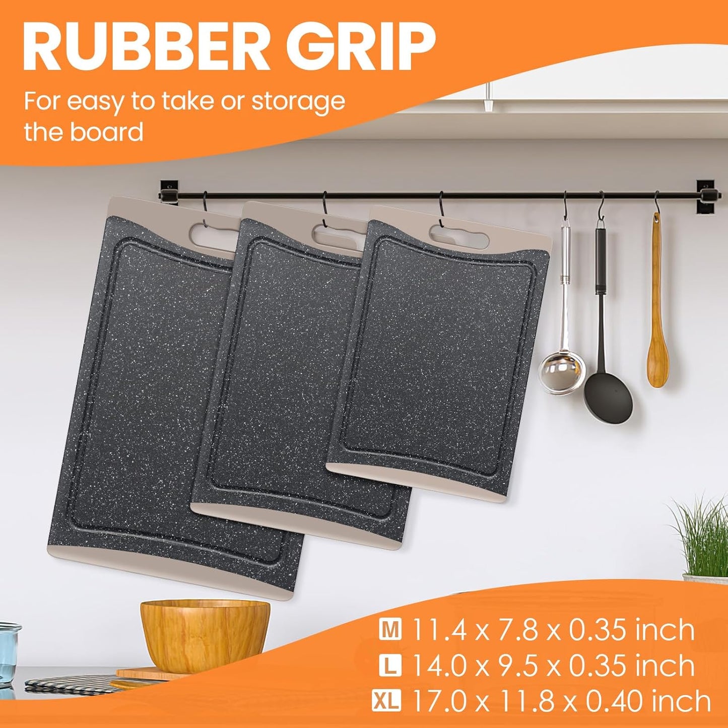 3-Pack Extra Large Plastic Cutting Boards with Juice Grooves & Easy-Grip Handles, Dishwasher Safe, Almond Gray