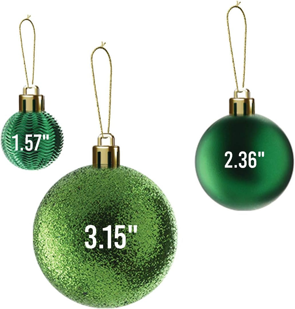 36-Piece Shatterproof Green Christmas Ornaments – 3 Sizes, 6 Styles with Hanging Loops for Tree, Wreath & Holiday Decor