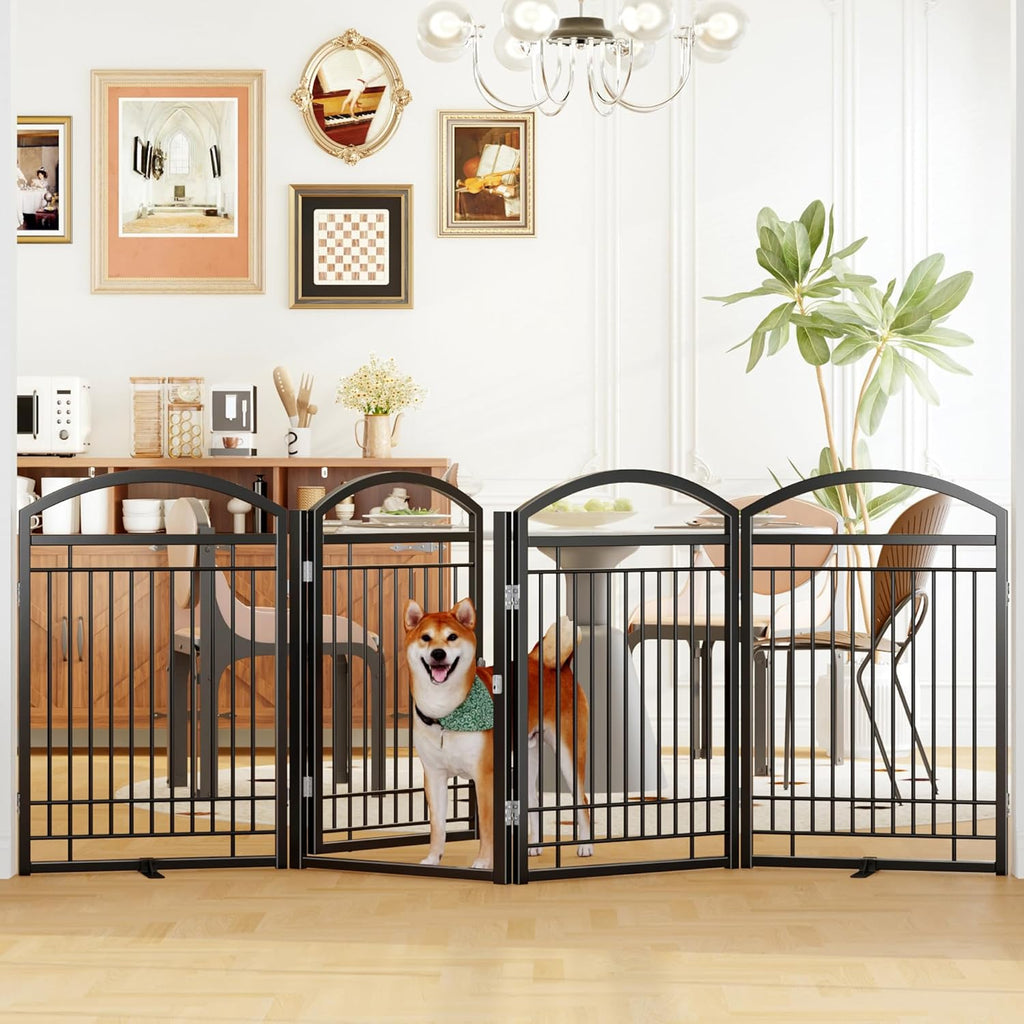 Folding Metal Dog Gate with Door, Freestanding Pet Fence