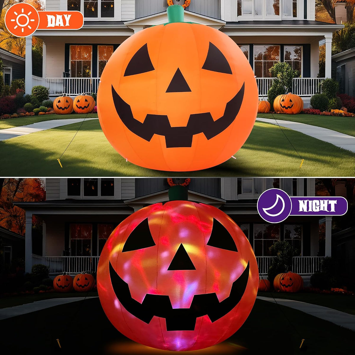 Giant jack-o-lantern inflatable with colorful rotating lights