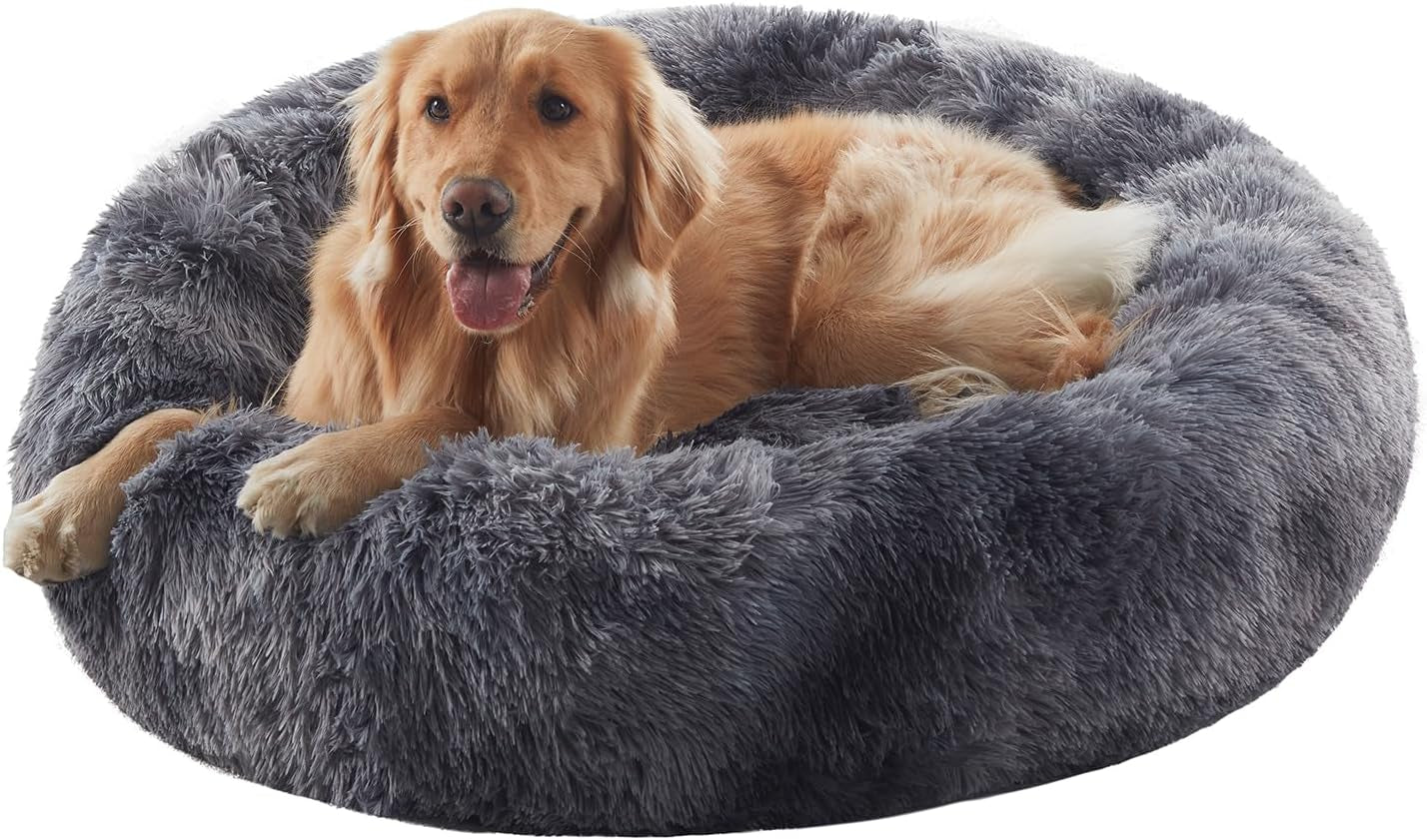Donut Dog Bed for All Dogs Calming Plush Washable Round Bed 