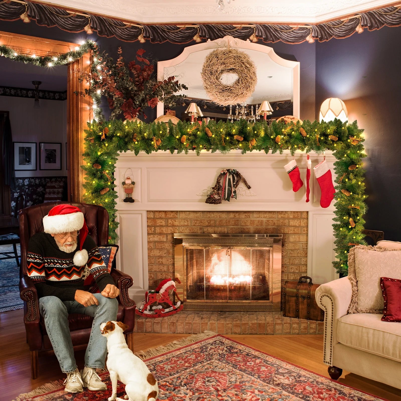 9Ft Pre-Lit Christmas Garland, Green Xmas Garland with Battery Operated LED Lights, Pine Needles Branches Pine Cones Artificial Christmas Decoration Indoor Home Fireplace Front Door