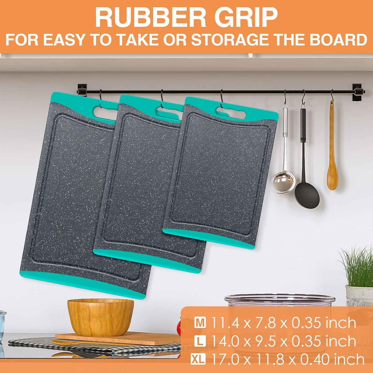 3-Pack Extra Large Plastic Cutting Boards with Juice Grooves & Easy-Grip Handles, Dishwasher Safe, Turquoise