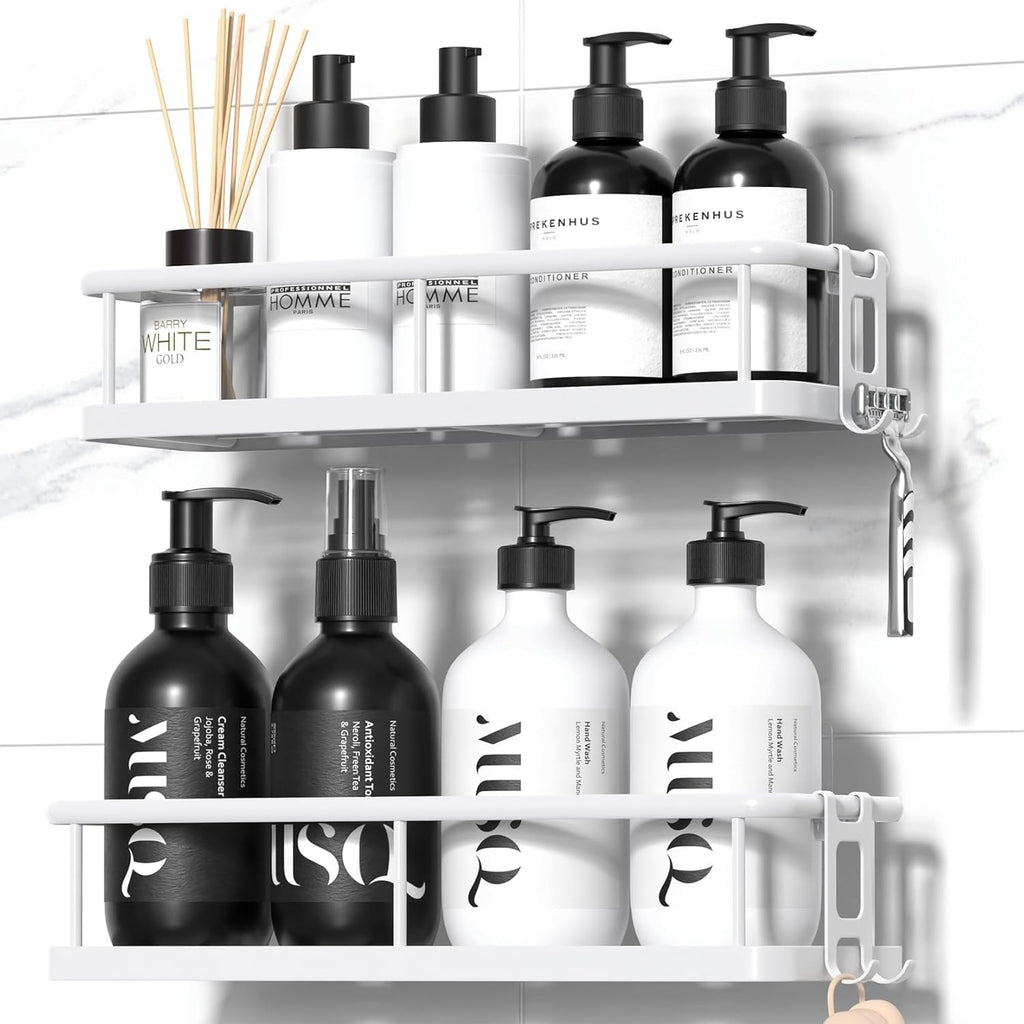 Adhesive Rustproof Shower Caddy with Removable Hooks, Large Capacity Bathroom Organizer, No-Drill Storage Shelf, Black