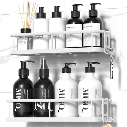 Adhesive Rustproof Shower Caddy with Removable Hooks, Large Capacity Bathroom Organizer, No-Drill Storage Shelf, Black