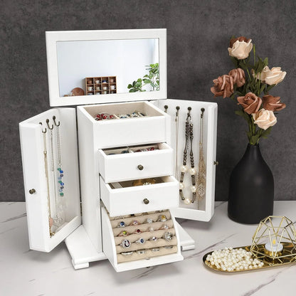 Rustic Wooden Jewelry Box for Women, 4-Layer Organizer with Mirror for Rings, Earrings, Necklaces & Bracelets, White