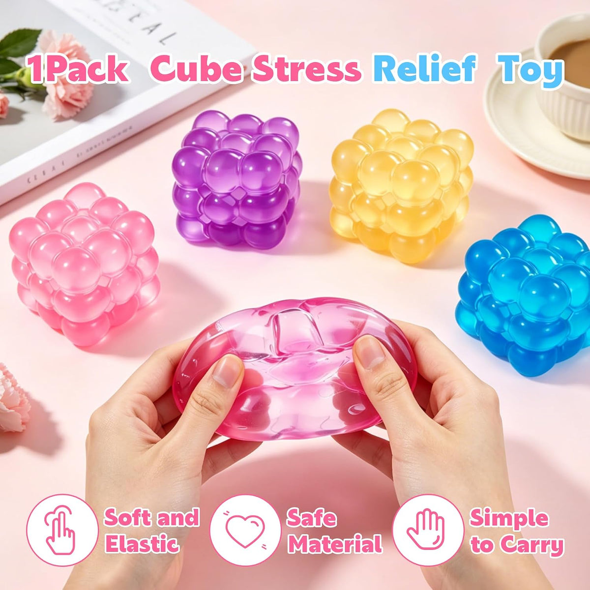 Soft purple sensory cube toy for squeezing at home, school, or office