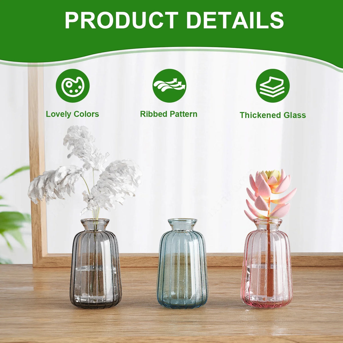Colorful Glass Bud Vases Set, 3 Pack Small Ribbed Vase, Vintage Vases for Table Decorations, Wedding, Party, Receptions, Home Decor