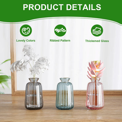 Colorful Glass Bud Vases Set, 3 Pack Small Ribbed Vase, Vintage Vases for Table Decorations, Wedding, Party, Receptions, Home Decor