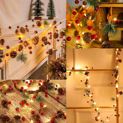 Casy Nest Christmas Garland Decoration with Lights, 7FT 20LED Pine Cone Red Berry Bell Battery Operated Christma String Light, Lighted up Pinecone Vine Indoor Outdoor Xmas Tree New Year Holiday Decor
