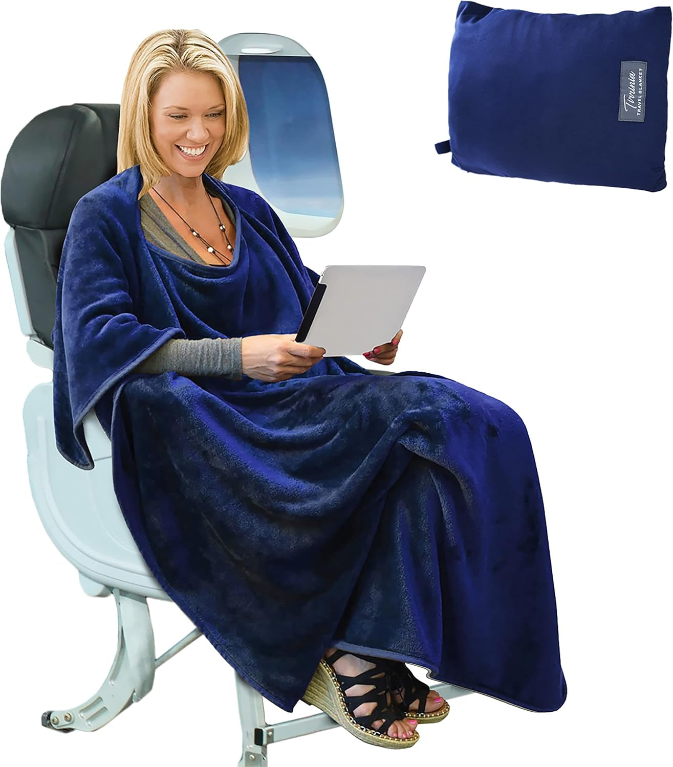Travel Blanket Airplane Office Poncho 4 in 1 Premium Cozy Fleece Portable Poncho Blankets with Built-In Bag, Pocket