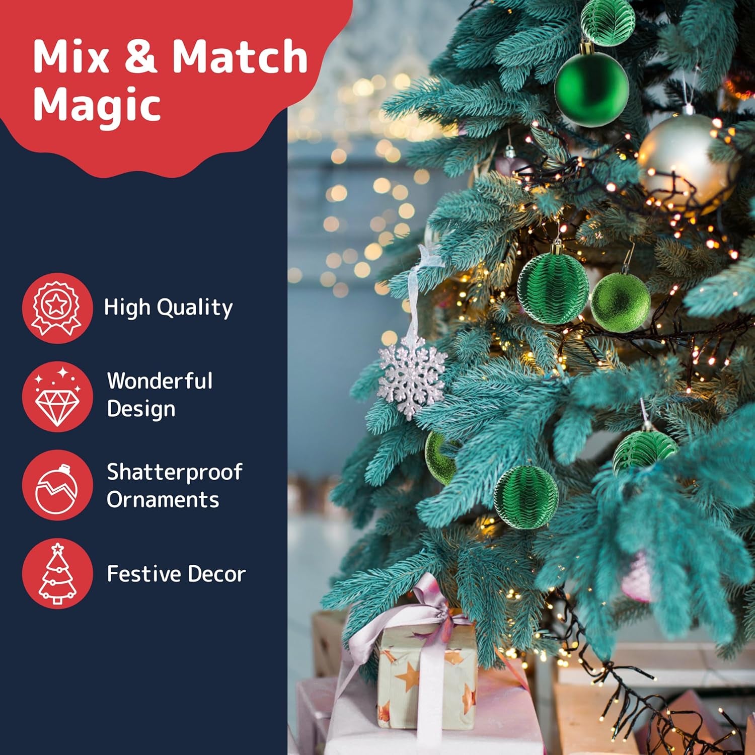  36-Piece Shatterproof Green Christmas Ornaments – 3 Sizes, 6 Styles with Hanging Loops for Tree, Wreath & Holiday Decor