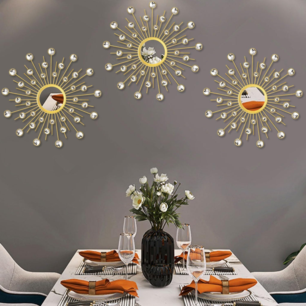 3-Pack Crystal Sunburst Wall Mirrors with Rhinestones, Silver Decorative Home Wall Art for Living Room, Bedroom & Entryway