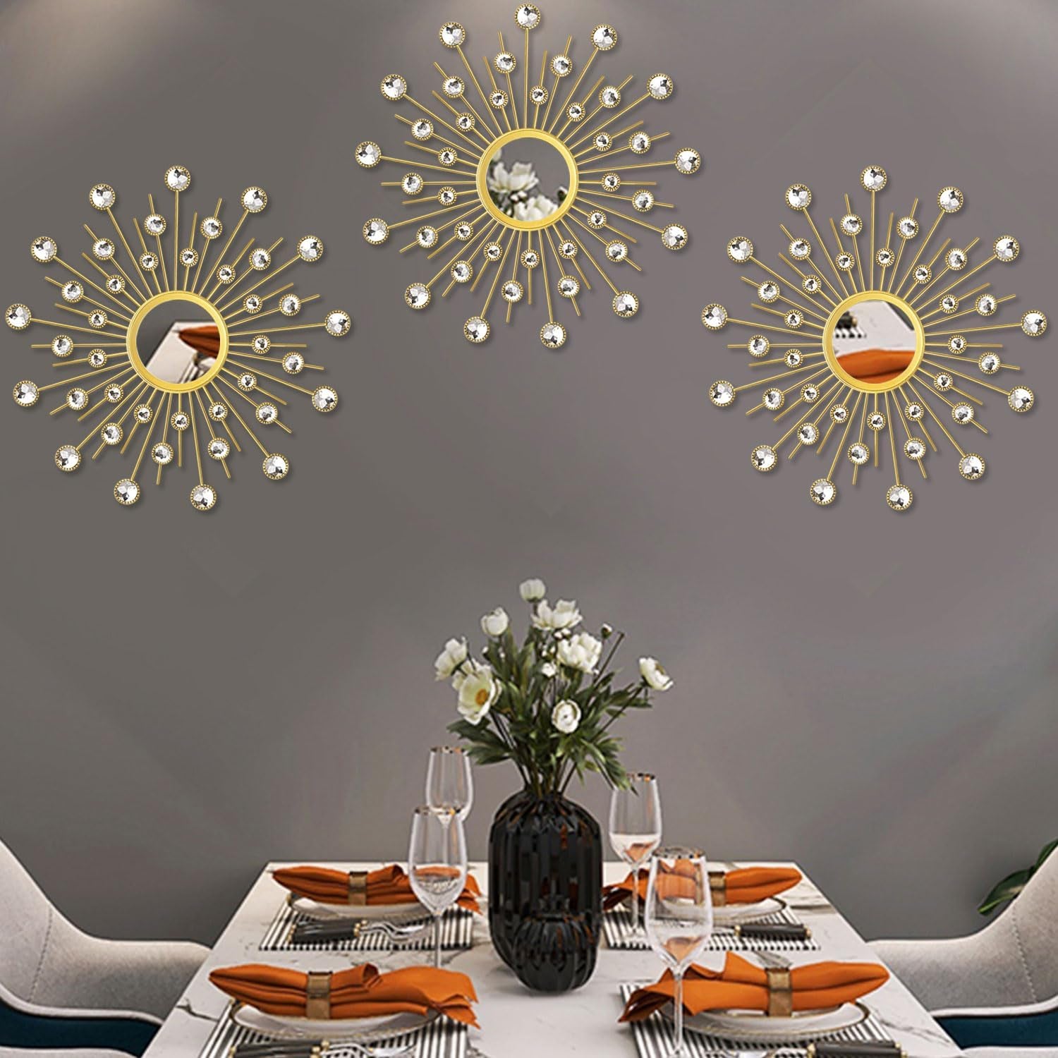 3-Pack Crystal Sunburst Wall Mirrors with Rhinestones, Silver Decorative Home Wall Art for Living Room, Bedroom & Entryway