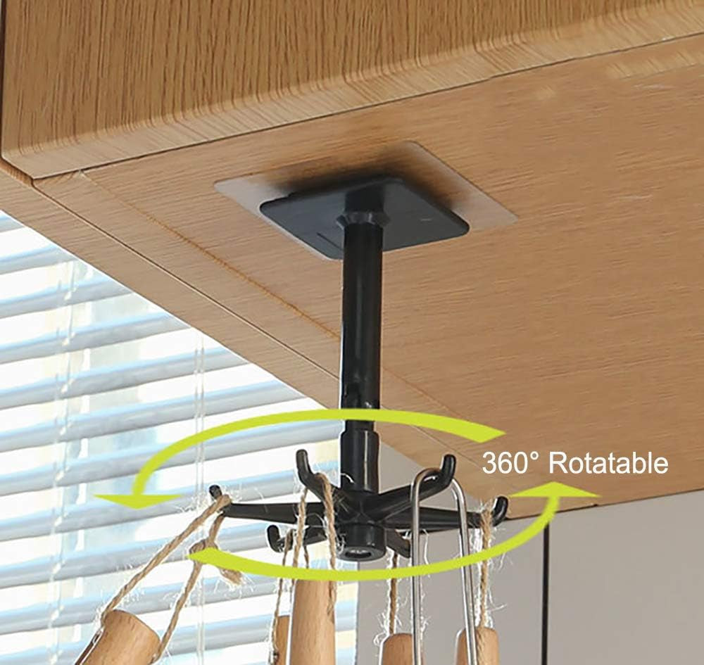 Kitchen Utensil Hanger with 6 Hooks, 2 Pack under Cabinet Utensil Holder 360° Rotatable Kitchen Hooks Utensil Rack Space Saving No Drilling Nail Free Kitchen Utensil Organizer for Wall, Black