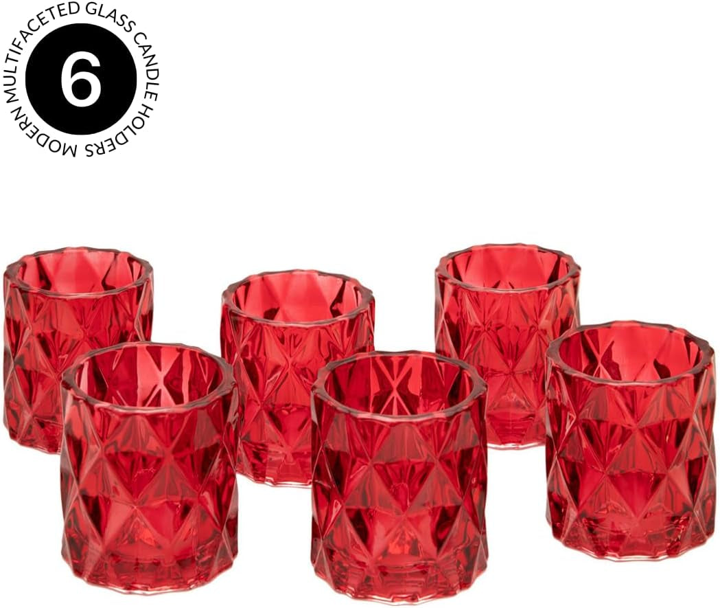 Set of 6 Red Glass Votive Candle Holders, 3" Tall Multifaceted Tealight Holders for Valentine's & Galentine's Day Decor