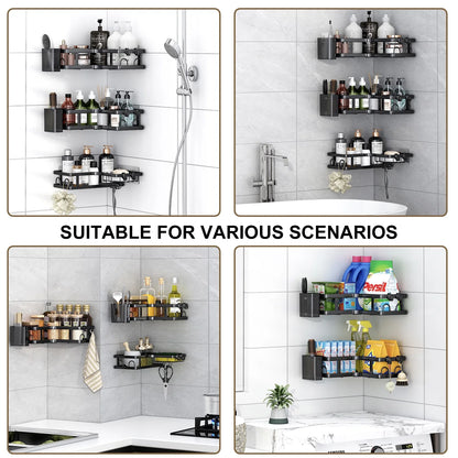 5 PCS Corner Shower Caddy, No Drilling Stainless Steel Shower Storage Rack with Hooks & Toothpaste Holder for Bathroom, Black