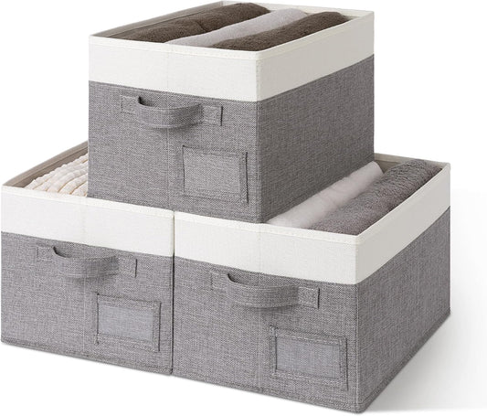 3-Pack Large Fabric Storage Bins with Handles, Collapsible Storage Boxes for Shelves & Closet Organization, Gray