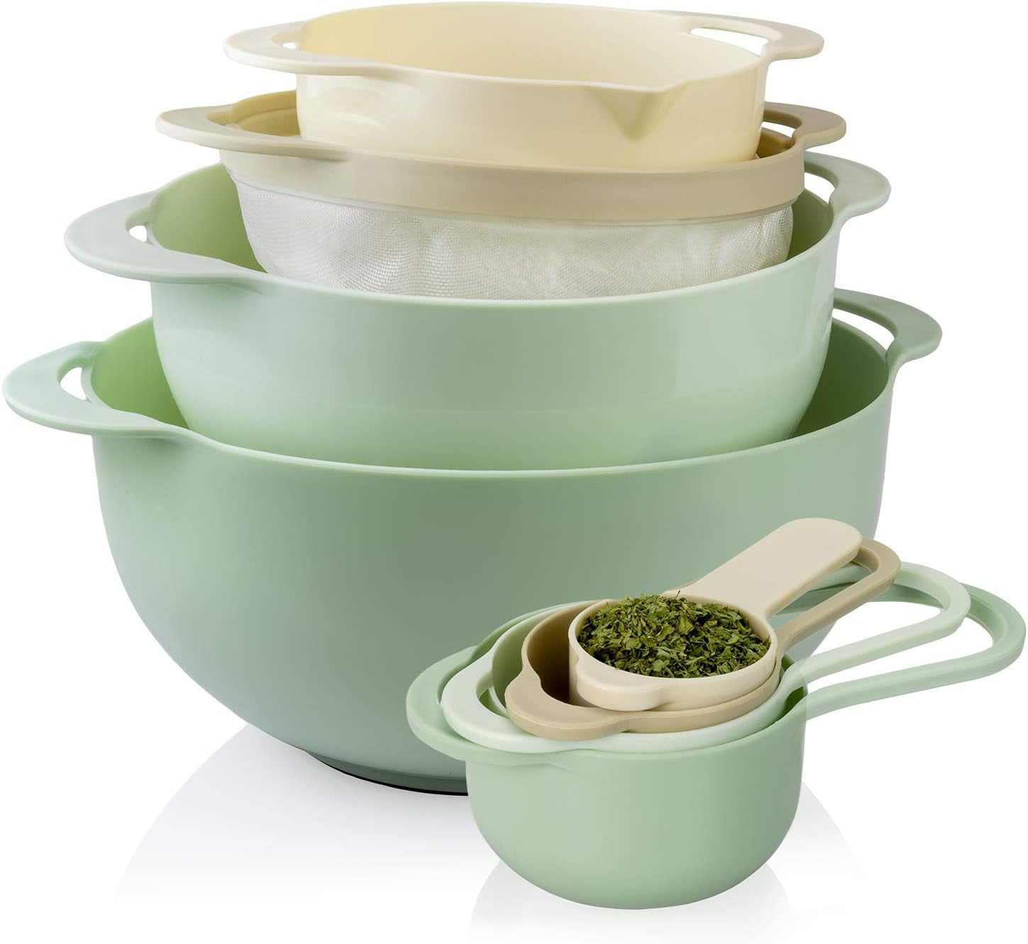  Bowls with Measuring Cups Colander and Sifter Set - Includes Mixing Bowls, Colander, Sifter and Measuring Cups, Mint, 8 Pc Bowl