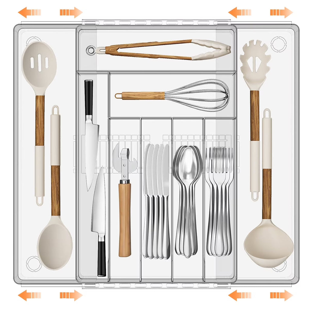 Silverware Drawer Organizer, Expandable Clear Acrylic Silverware Organizer, Kitchen Drawer Organizer for Utensils, Adjustable Cutlery Tray, Office, Supplies-9 Compartments, Large, Clear
