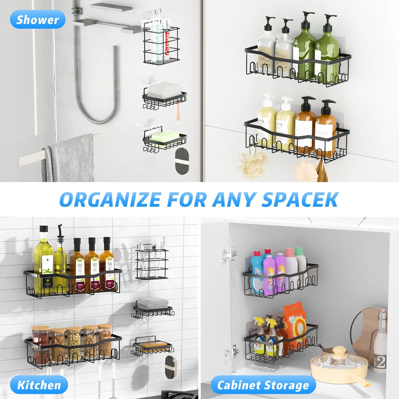 Shower Caddy, 5-Pack Adhesive Shower Shelves with 28 Hooks, 2 Soap Dishes & Tootbrush Shelf, Rustproof Stainless Steel Bath Organizers W/ Large Capacity, No Drilling Shelves for Bathroom Storage