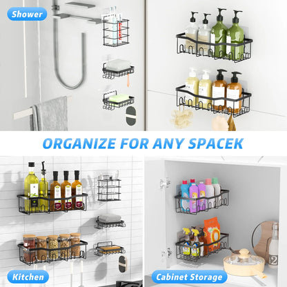 Shower Caddy, 5-Pack Adhesive Shower Shelves with 28 Hooks, 2 Soap Dishes & Tootbrush Shelf, Rustproof Stainless Steel Bath Organizers W/ Large Capacity, No Drilling Shelves for Bathroom Storage