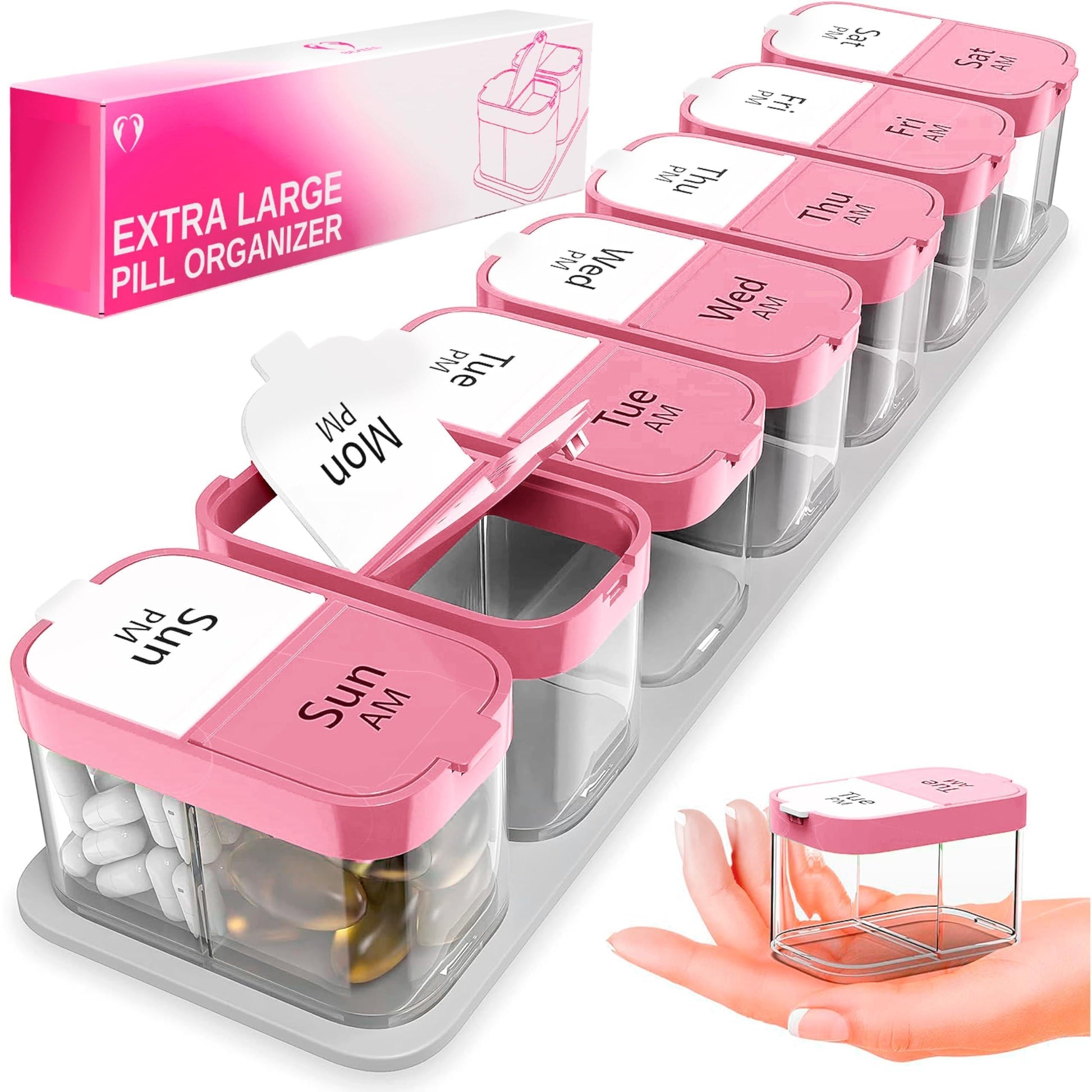 Extra Large Pill Organizer Pink White 2 Times a Day Big Pill Box 7 Day Am Pm XL