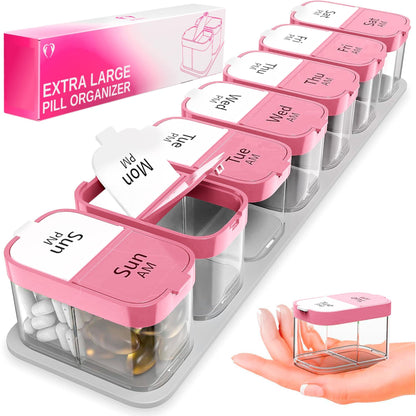 Extra Large Pill Organizer Pink White 2 Times a Day Big Pill Box 7 Day Am Pm XL