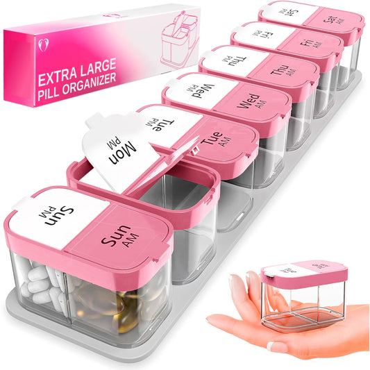 Extra Large Pill Organizer Pink White 2 Times a Day Big Pill Box 7 Day Am Pm XL