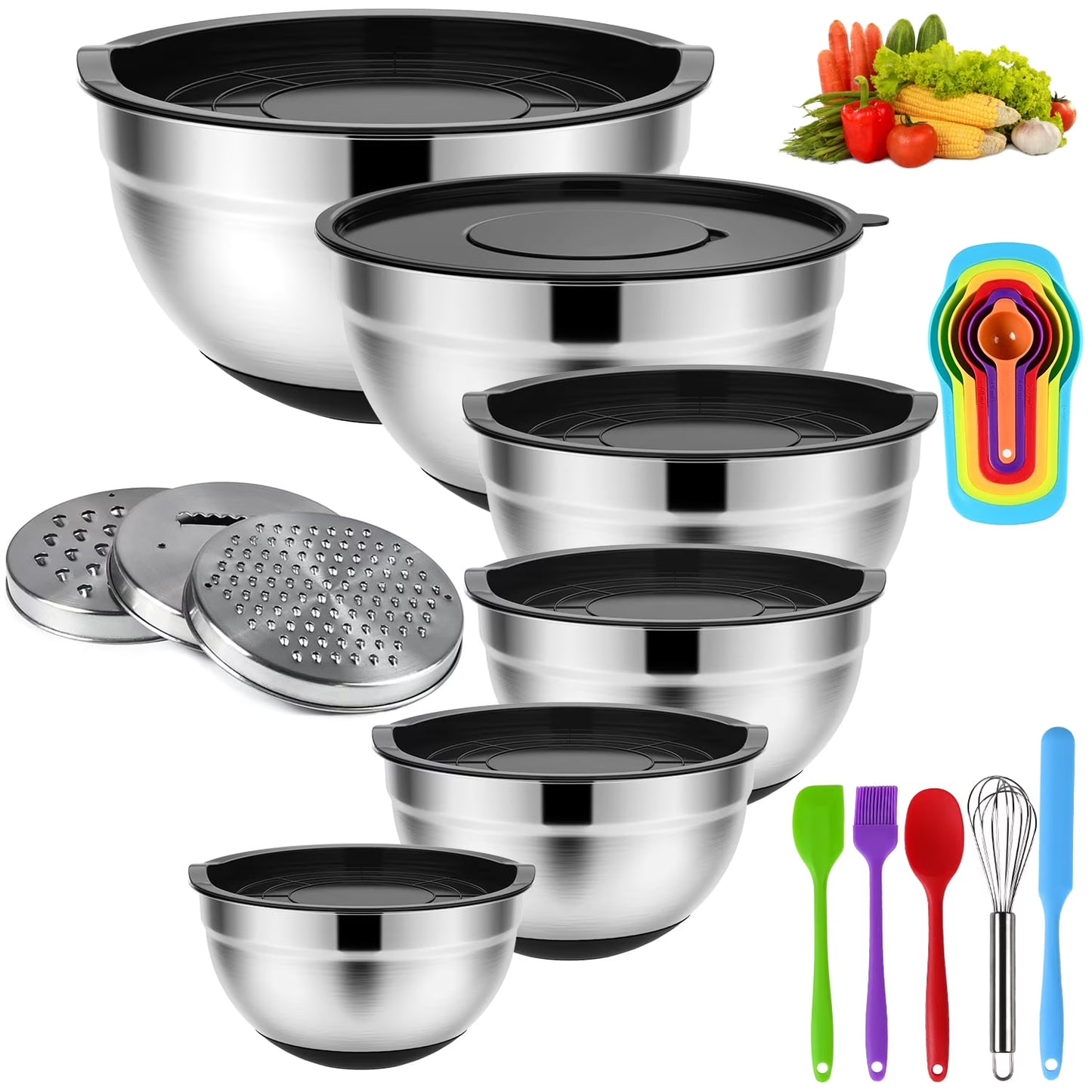 26-Piece Stainless Steel Mixing Bowl Set with Lids & Grater Attachments, Non-Slip Nesting Bowls for Mixing, Serving & Baking (1.5–7 Qt, Black)