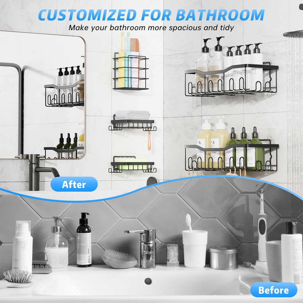 Shower Caddy, 5-Pack Adhesive Shower Shelves with 28 Hooks, 2 Soap Dishes & Tootbrush Shelf, Rustproof Stainless Steel Bath Organizers W/ Large Capacity, No Drilling Shelves for Bathroom Storage