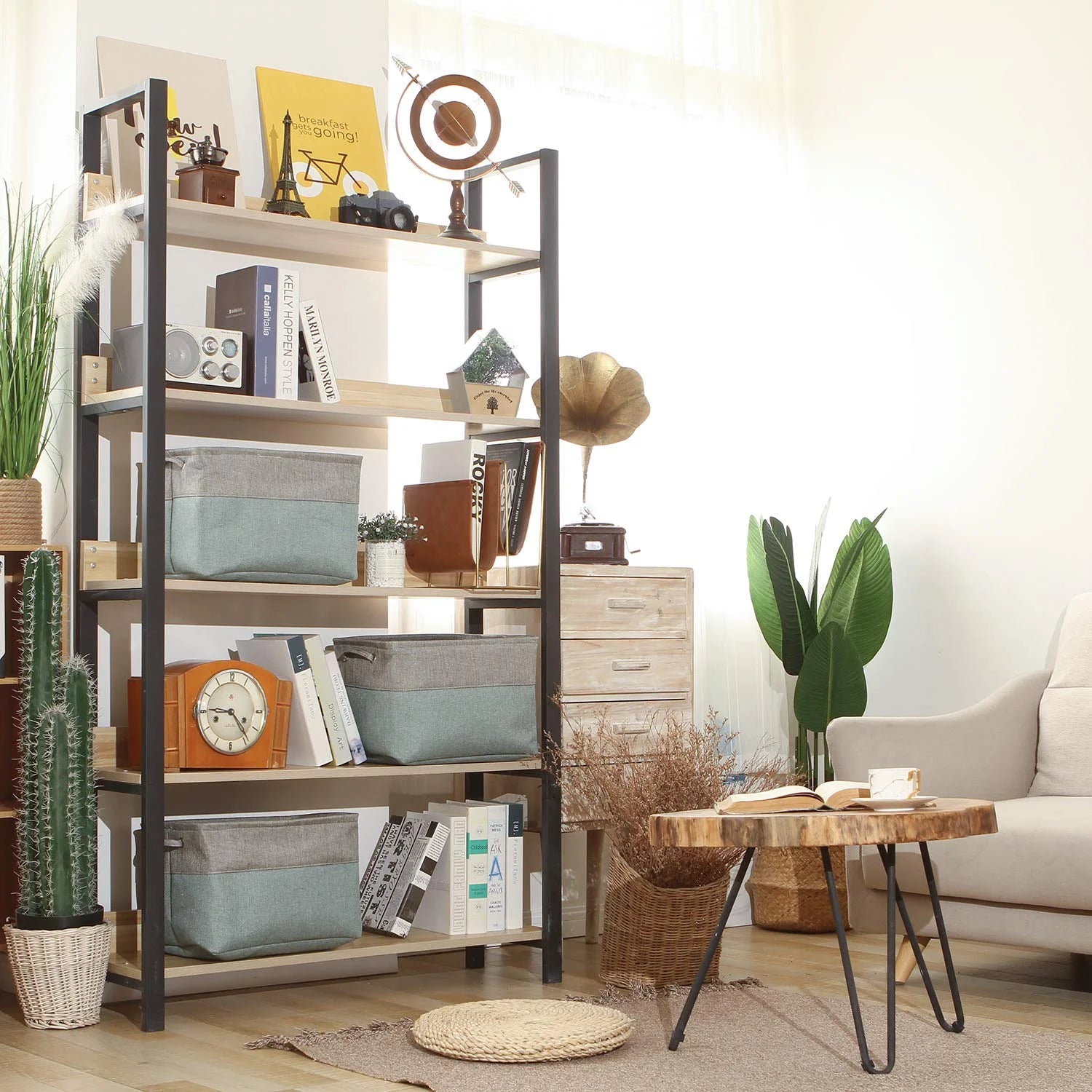 3-Pack Large Storage Basket Set, Trunk Organizer, Clothes Toys Bin, 15 X 10 X 10 Inches, Big Rectangular Canvas Fabric Collapsible Shelf Box with Handles, Stone Blue & Grey