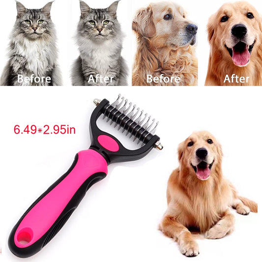 Double-Sided Pet Grooming Brush, Shedding & Dematting Undercoat Rake for Cats & Dogs, Extra Wide (Pink)