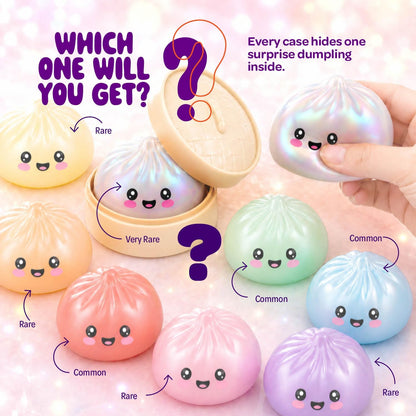 Cute glitter dumpling squishy toy in a reusable dumpling-shaped mystery case