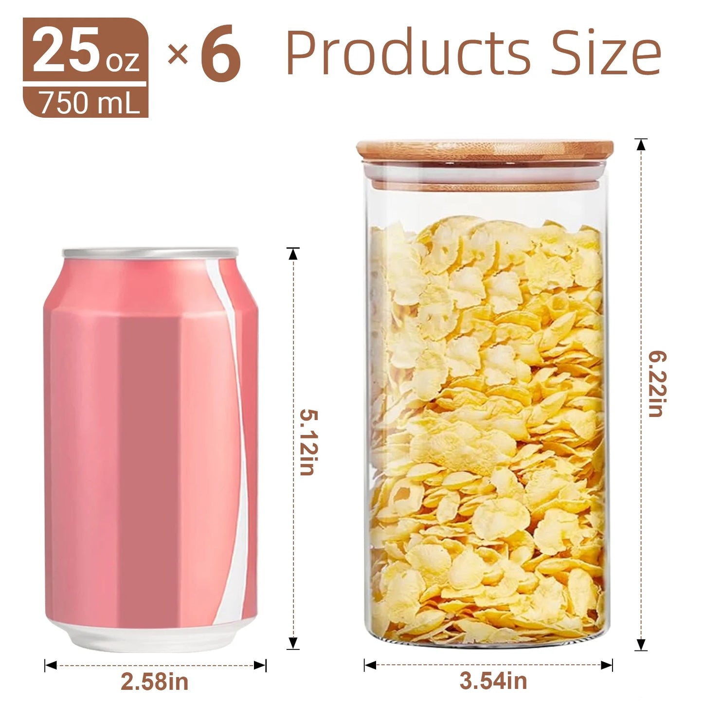 Glass Jar with Bamboo Lid: 6 Pack 25Oz Airtight Food Storage Containers, Kitchen and Pantry Organizer for Coffee, Sugar, Flour, Candy, Pasta, Cereal, Tea, Nuts, Cookie, Spice