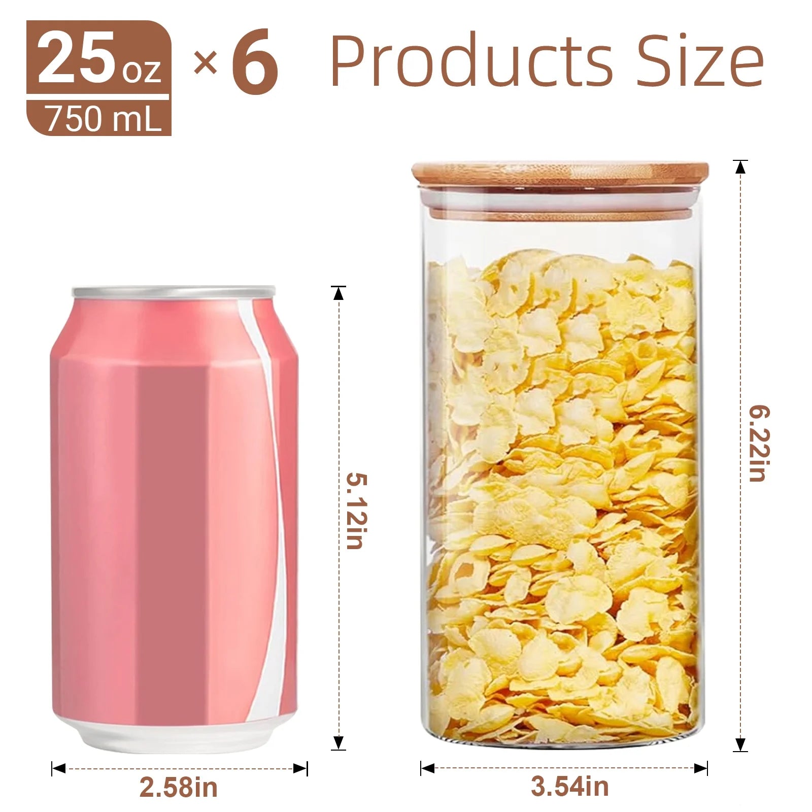 Glass Jar with Bamboo Lid: 6 Pack 25Oz Airtight Food Storage Containers, Kitchen and Pantry Organizer for Coffee, Sugar, Flour, Candy, Pasta, Cereal, Tea, Nuts, Cookie, Spice