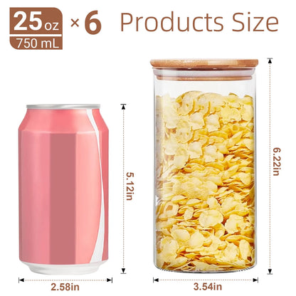 Glass Jar with Bamboo Lid: 6 Pack 25Oz Airtight Food Storage Containers, Kitchen and Pantry Organizer for Coffee, Sugar, Flour, Candy, Pasta, Cereal, Tea, Nuts, Cookie, Spice