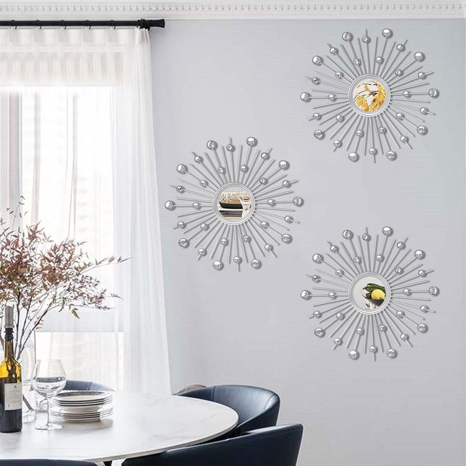 3-Pack Crystal Sunburst Wall Mirrors with Rhinestones, Silver Decorative Home Wall Art for Living Room, Bedroom & Entryway